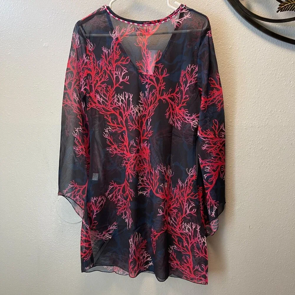 MODAPOSA Coral Print Beaded V-Neck Sheer Tunic  Beach‎ Cover-Up flared sleeves